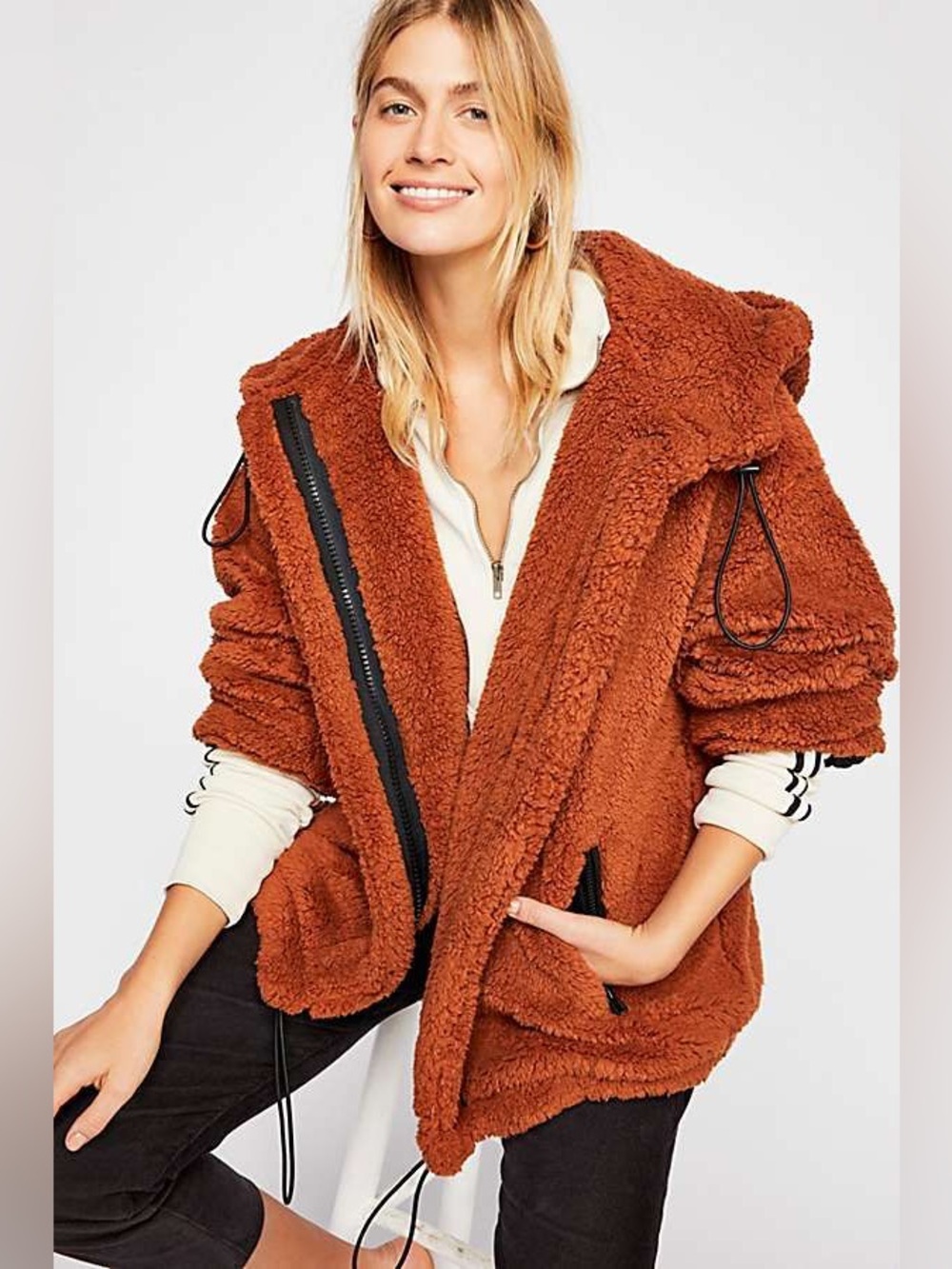 FREE PEOPLE Get Cozy Slouchy Oversized Fleece Jacket in rust